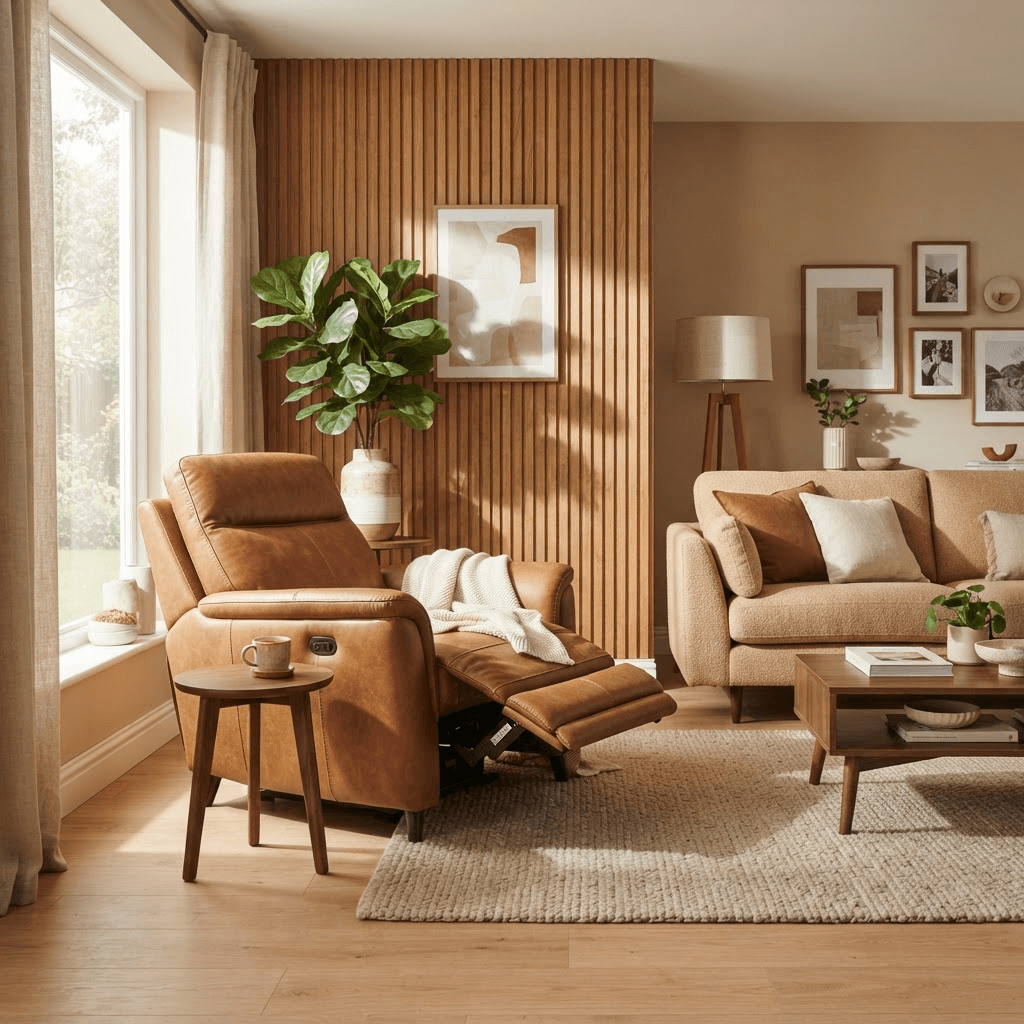 Living moderno con sillón reclinable de LENO HOGAR